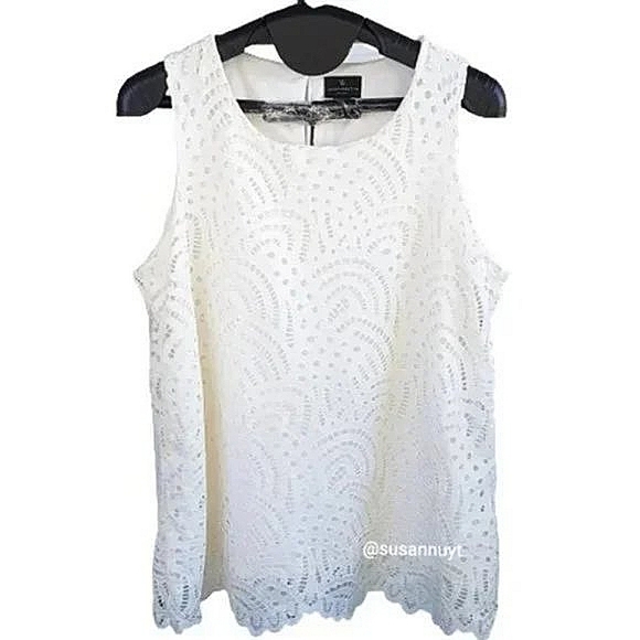 Worthington Coquette Sleeveless Clean Girl Lace Vanilla Girl Scalloped Top - Picture 2 of 6